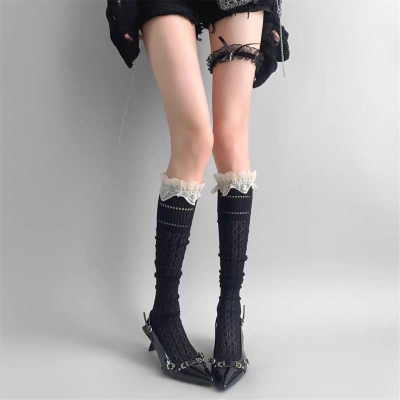 Koronkowe Retro Skarpety za Kolano Oddychające Akrylowe Pończochy Elegancki Styl Gotycki Do Cosplayu Anime i Codziennego Użytku