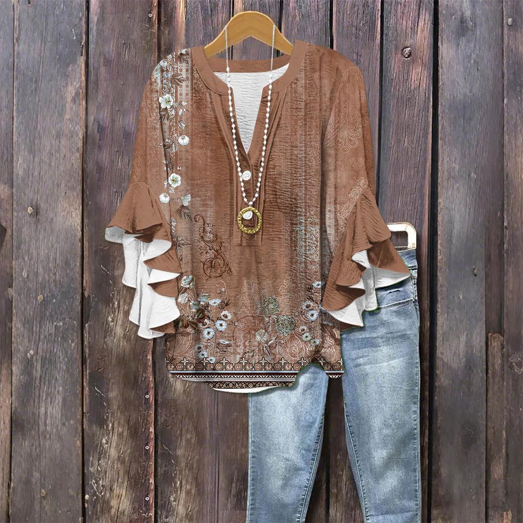 Modă Femei Casual Buton Gât V Mânecă Șapte Bluză Top Imprimeu Vintage