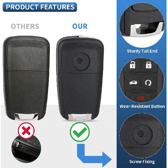 5 Button Key Fob Shell Replacement for Chevy Cruze Camaro Impala Equinox GMC Terrain Buick Regal Lacrosse 2017 2016 2015 2014 2013 2012 2011 2010