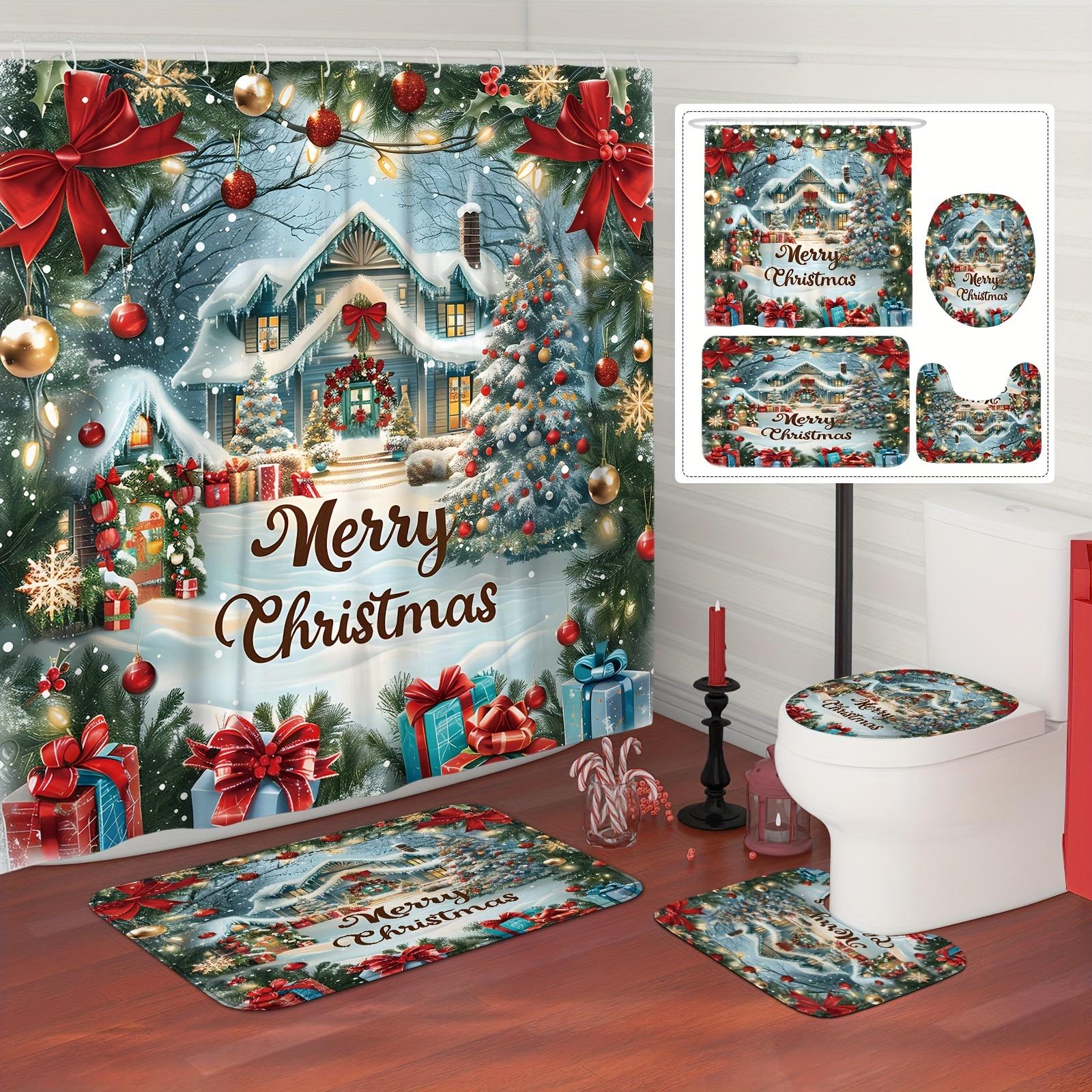 

Classic Christmas Bathroom Set With Shower Curtain, Toilet Lid Cover & Mats | Merry Christmas Snowy House & Tree Holiday Decor W60H190(CM)-1 Pcs