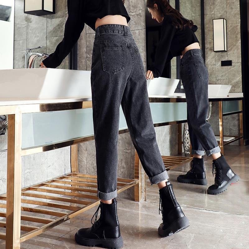 Women's High-Waisted Loose Slimming Winter Jeans - Plus Velvet, Gray, Belly-Covering Casual Harem Carrot Pants