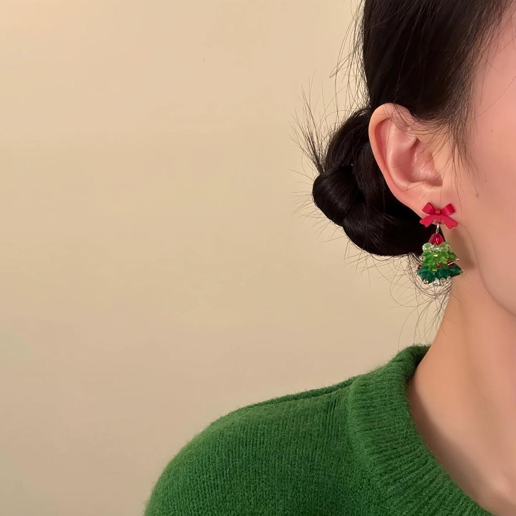 Christmas‑Atmosphere Bow Christmas‑Tree Ins‑Style Light‑Luxury Ear Clips Trendy Jewelry For Women