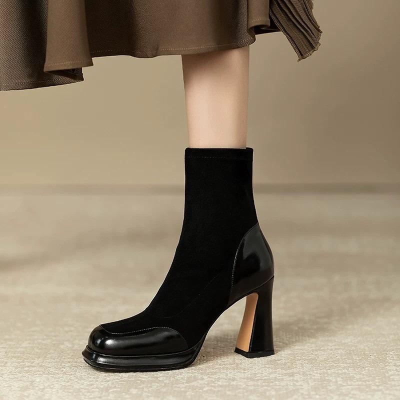 Herbst- und Winter-Retro-Kurzstiefel mit dickem Absatz für Damen, Spleiß-Wasserdicht-Plateau-Elastik-Dünnstiefel, Kurzstiefel mit hohem Absatz