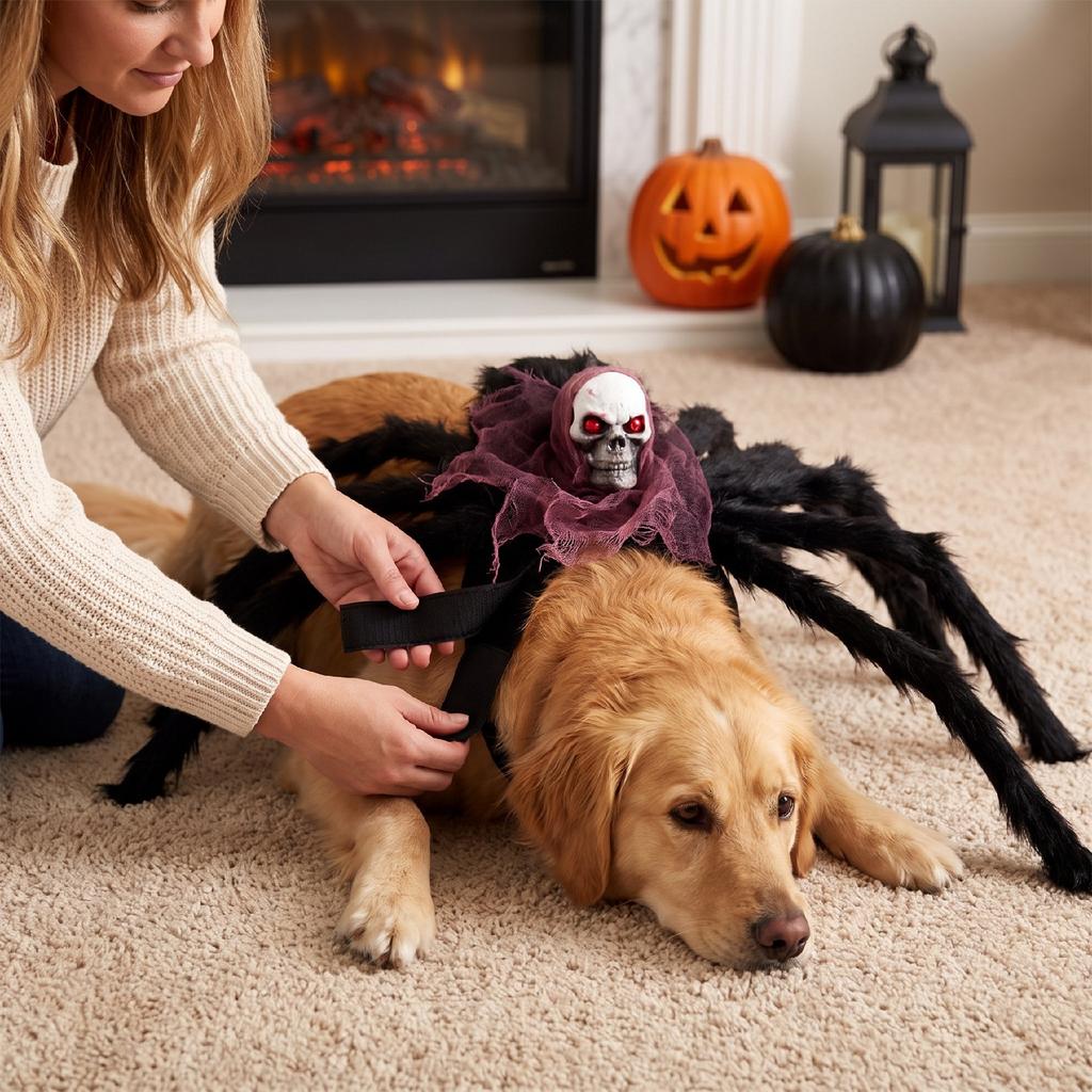 Pet Spider Costume Halloween Cat Spider Outfit with Skull Face Black Spider Holiday Apparel for Cats Dogs Cosplay Photo Props