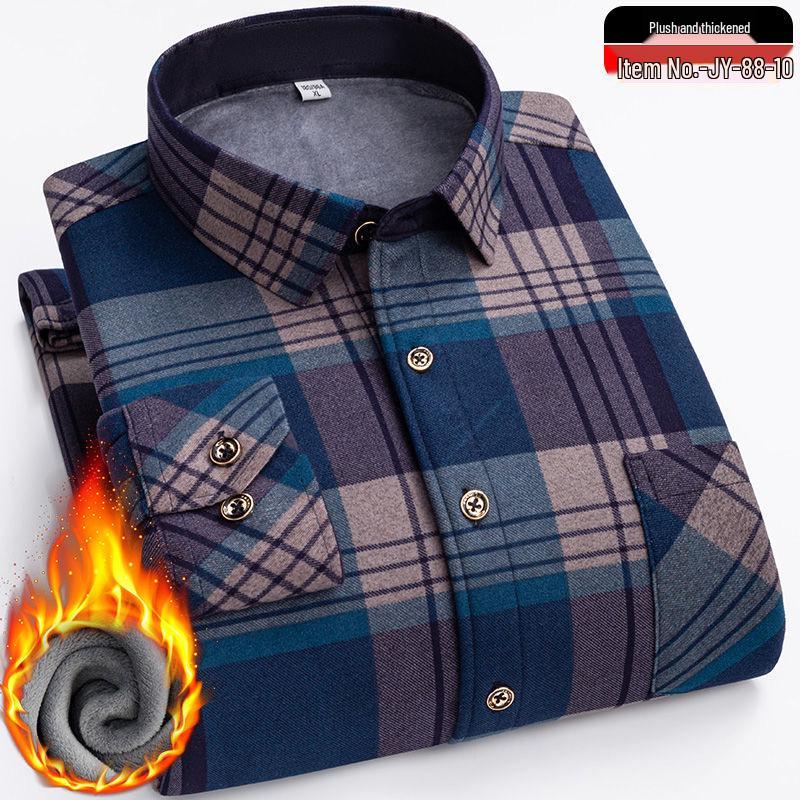 Men's Winter Fleece-Lined Plaid Shirt - Warm, Long-Sleeved Business Casual for Middle-Aged & Elderly, Plus Size Available