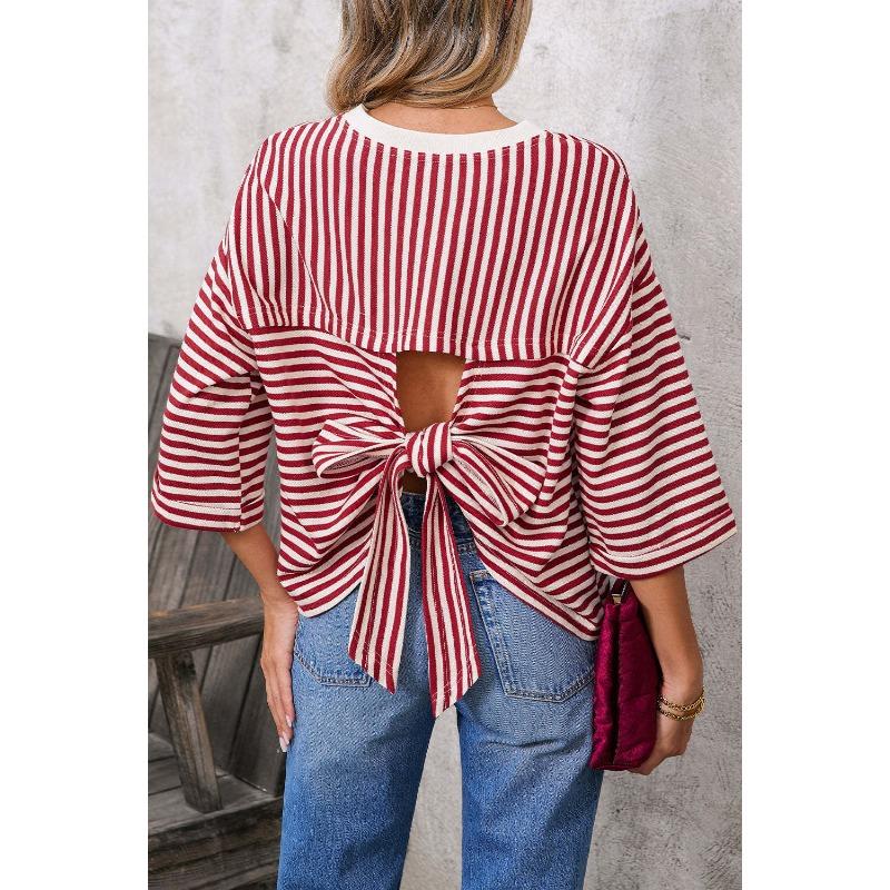 New Women's Round Neck Striped Back Tie Bow Pullover Knitted Top