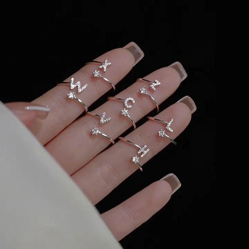 Zircon Initial A-Z Letter Rings for Women Girl Adjustable Opening Ring Name Alphabet Female Wedding Fashion Jewelry Gift