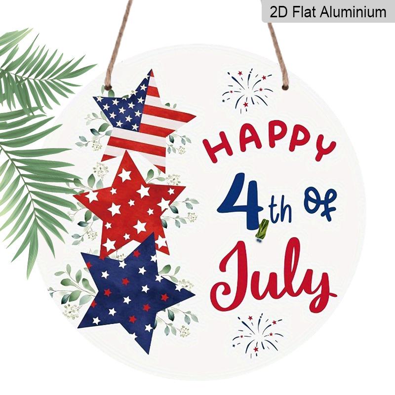 

2D Flat, 1Pc Round Aluminum Hanging Sign, Patriotic 4Th of July, Featuring Red, White, And Blue Decorations, Including Pentagrams And Fireworks 11.81*11.81inch