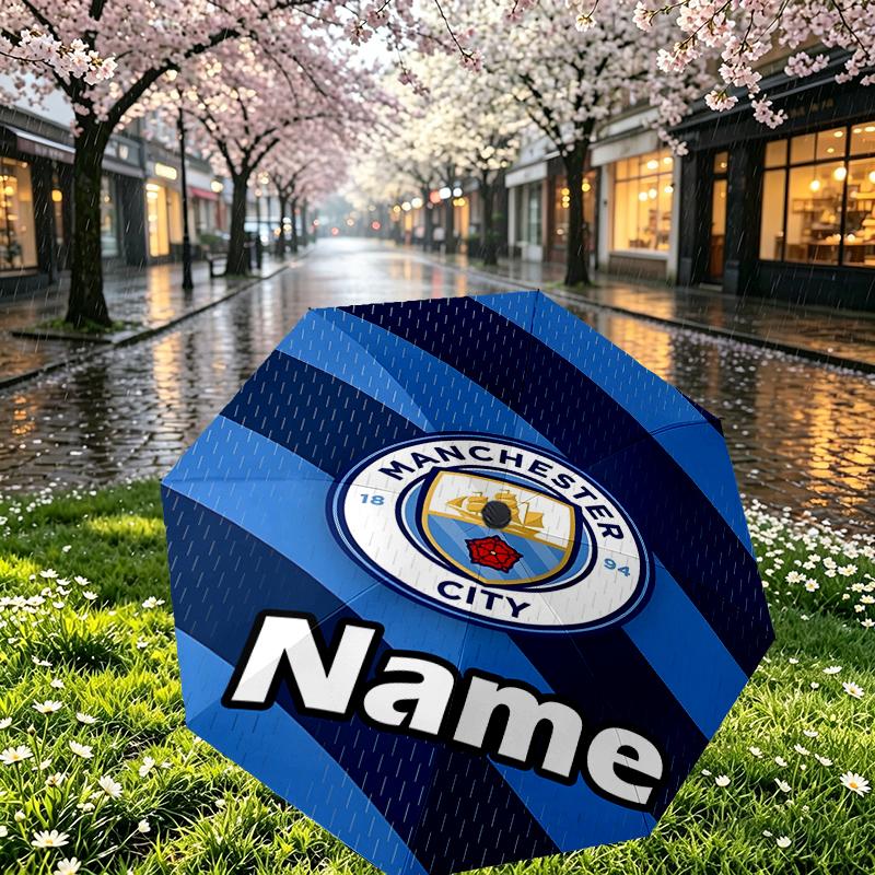 Custom Name Personalized Manchester City FC Print Umbrella, Auto Open Close, 8‑Rib Sturdy Frame, Commute Camping Hiking Use, Birthday Gift