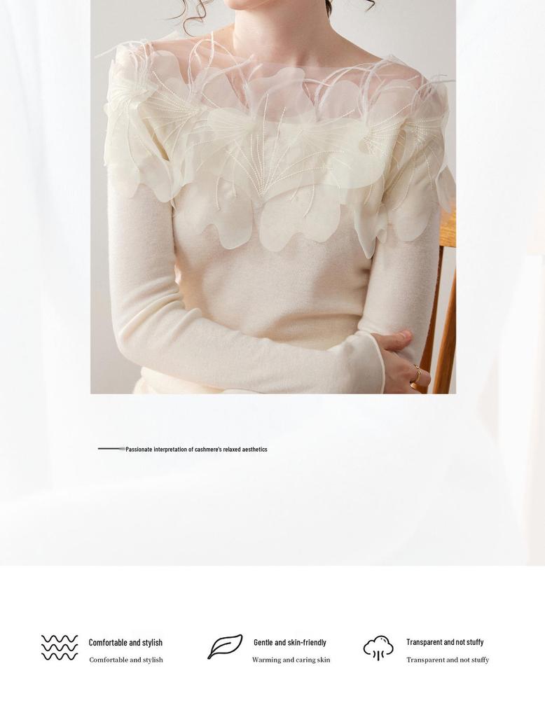 Swan Neck Cashmere Sweater with Hand-Embroidered Flowers: One-Shoulder, Sexy, and Three-Dimensional Feather Design