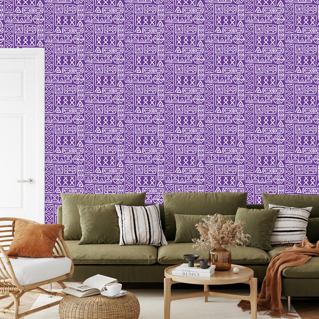 Polynesian Geometric Pattern Wallpaper Purple and Lavender 50x1000