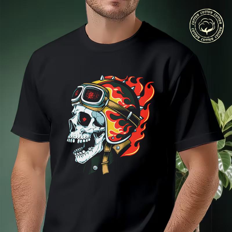 Men Cotton Casual T-shirts Flaming Biker Skull With Helmet And Goggles Motorcycle Tee Men s Sum