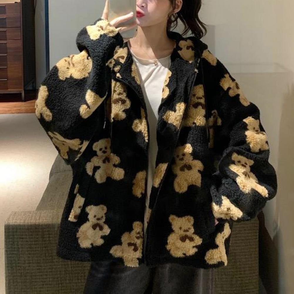 Women Autumn Winter Fleece Hooded Jacket with Drawstring Long Sleeve Pockets Zipper Placket Plush Sweatshirt Coat Heart Bear Pri