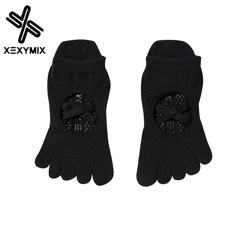 

Xexymix Pure Cotton Backless Cross Strap Yoga Socks inside and outside Double-Sided Adhesive Point Pilates Socks Five-Finger Non-Slip Socks Navy blue