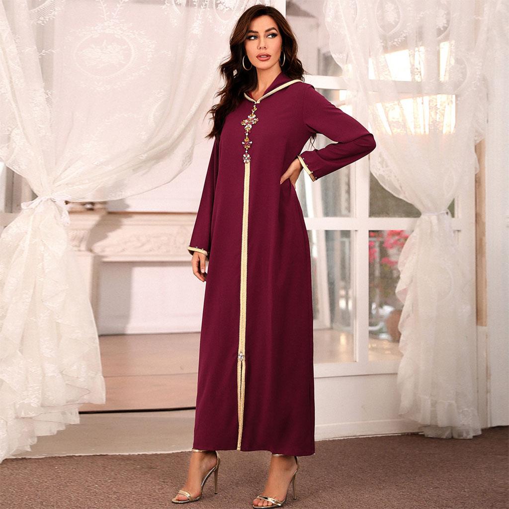Women Muslim Fashion Loose Dress Ramadan Eid Abaya Dubai Turkey Islam Hand Stitch Drill Cowl-Neck Pullover Clothing