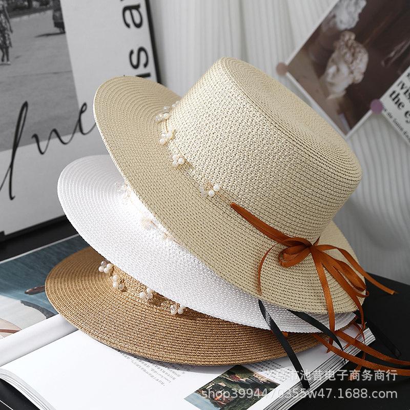 Summer Temperament Seaside Vacation Sunscreen Beach Outing Shopping Ladies Sun Hat Fashion Pearl Strap Cool Hat Summer