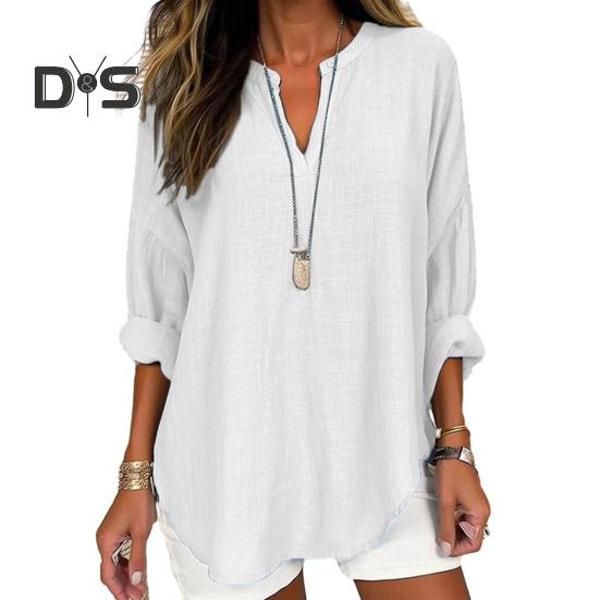 Damen-Top, V-Ausschnitt, lange Ärmel, unregelmäßiger Saum, locker, einfarbig, Vintage, dünn, weich, atmungsaktiv, lässig, mittellang, Damenbluse für Frühling und Herbst