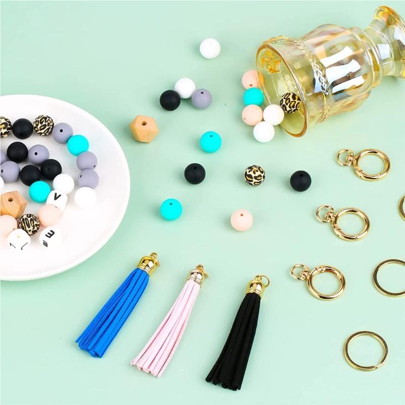 84PCS Silicone Beads Making Kits Keychain Accessories Bead with Elastic Rope Beaded Tassels Bead DIY Keychains Materials