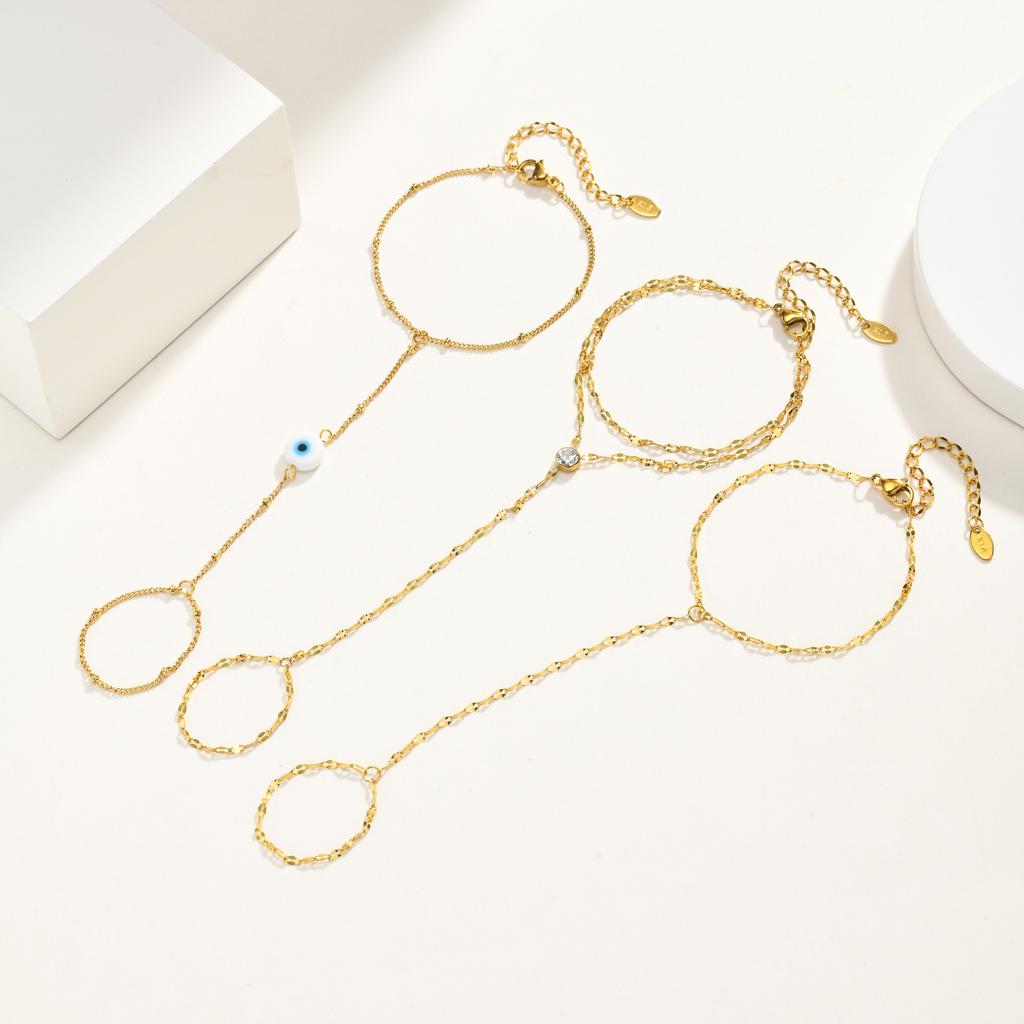 Stainless Steel Finger Ring Bracelet for Women, 18K Gold Plated Waterproof Hand Chain Tarnish Free