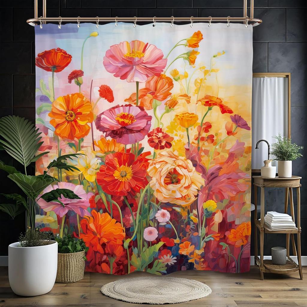 Colorful Flower Blossom Vintage Shower Curtain Set 60Wx71H Inches Art Oil Painting Retro Botanical Polyester Waterproof