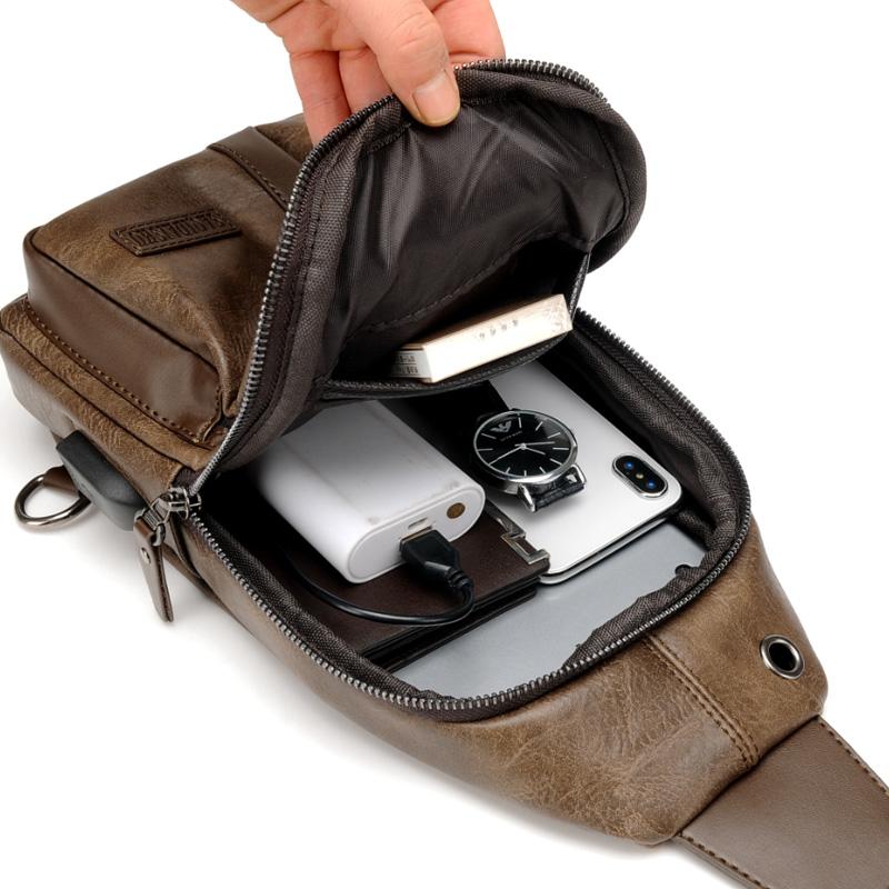 Men's Outdoor USB Chest Bag Crossbody Bag Retro PU Shoulder Bag