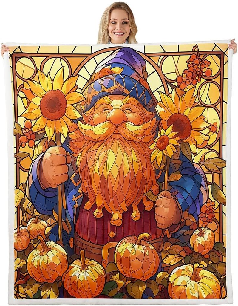 Fall Gnome Throw Blanket Twin Autumn Maple Leaf Fleece Blanket Exotic Style Hippie Dwarf Sherpa Blanket Thanksgiving Harvest