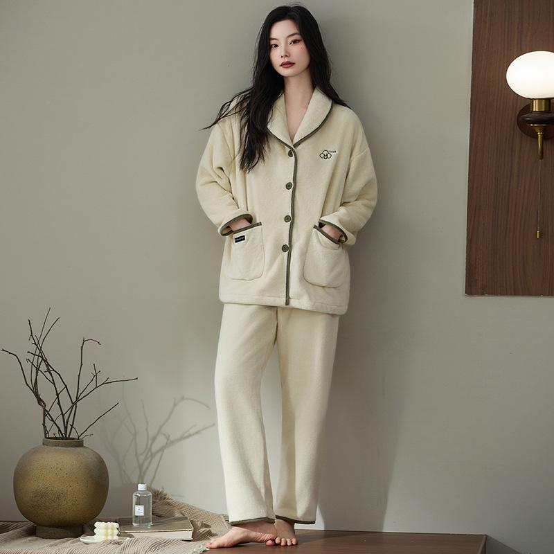 [Antistatic] Pajamas women's autumn and winter fleece thickened long-sleeved warm coral fleece flannel loungewear set