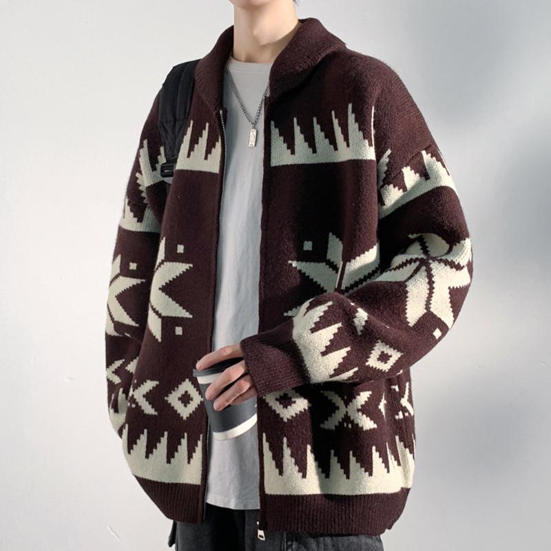 

Spring and Autumn Men s New Loose Casual Knitted Cardigan L коричневий
