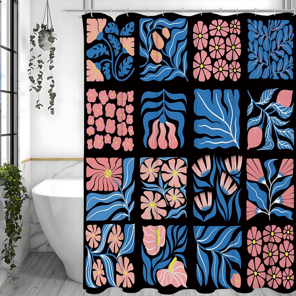Floral Plant Collage Blue Pink Shower Curtain, Bathroom Decorative Shower Curtain, Waterproof Shower Curtain with Hooks