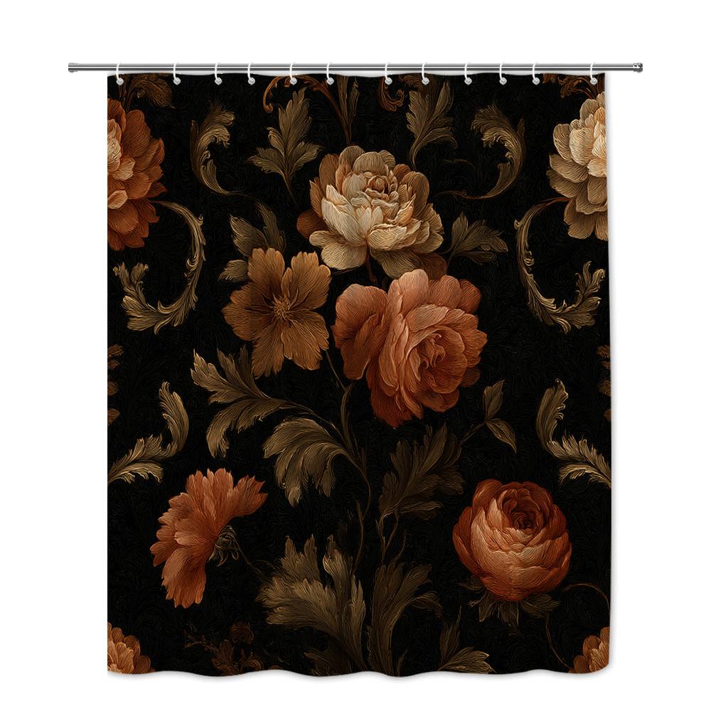 Cortina de Ducha Floral Marrón Oscuro Elegante Patrón de Rosas Estilo Barroco Vintage Lujosa Decoración de Baño Impermeable Montaje Rápido
