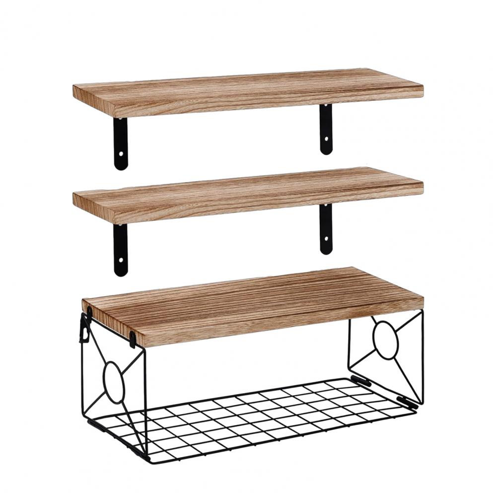Wall Mounted Shelf Rustic Wooden Bathroom Wall Shelf with Metal Basket Over Toilet Floating Storage Organizer Rack for Home