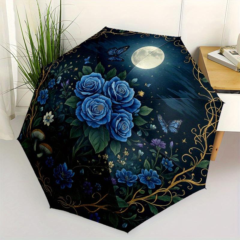 Blue Rose Garden Moonlit Night Umbrella, Portable 3-Fold Umbrella for Men & Women,Christmas Gift ES351