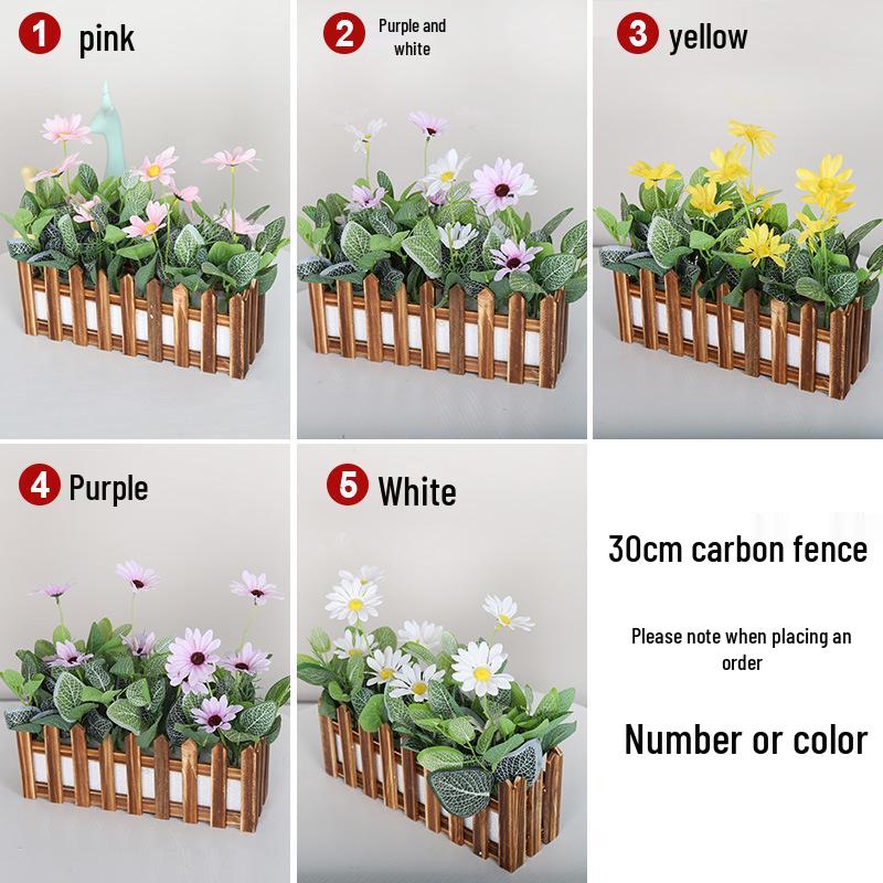 Silk Flower Pot with Wood Fence: Decorative Bonsai for Living Room or Office.