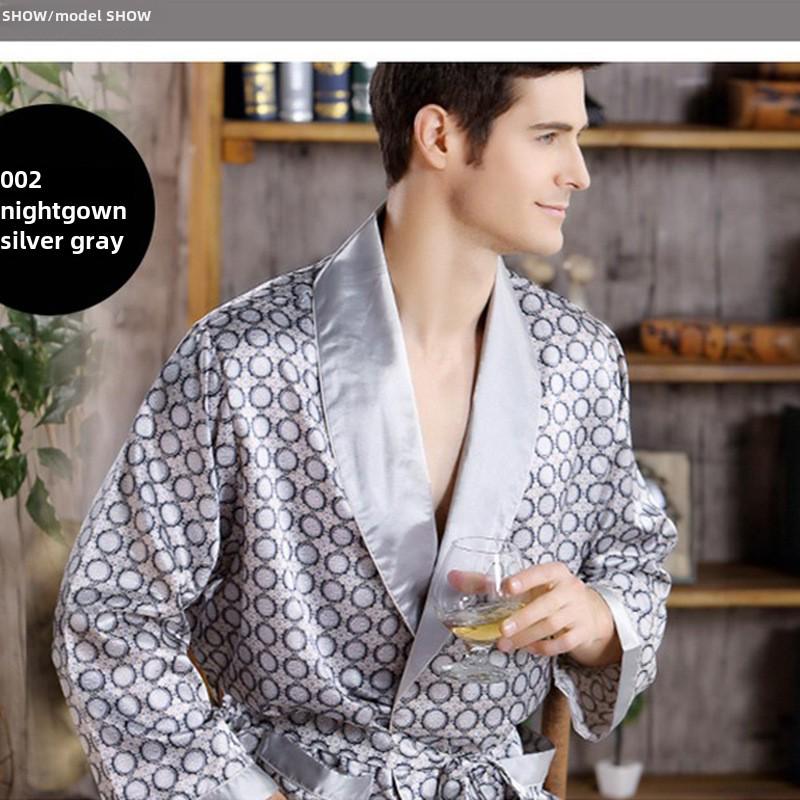 Men's Lightweight Long-Sleeve Silk Bathrobe and Pajamas Set