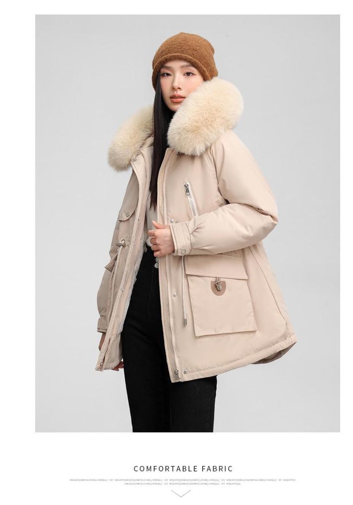 Women's Plus Velvet Fur Collar Parka, Slim-Fit Cotton Padded Jacket, Winter 2024 Collection.