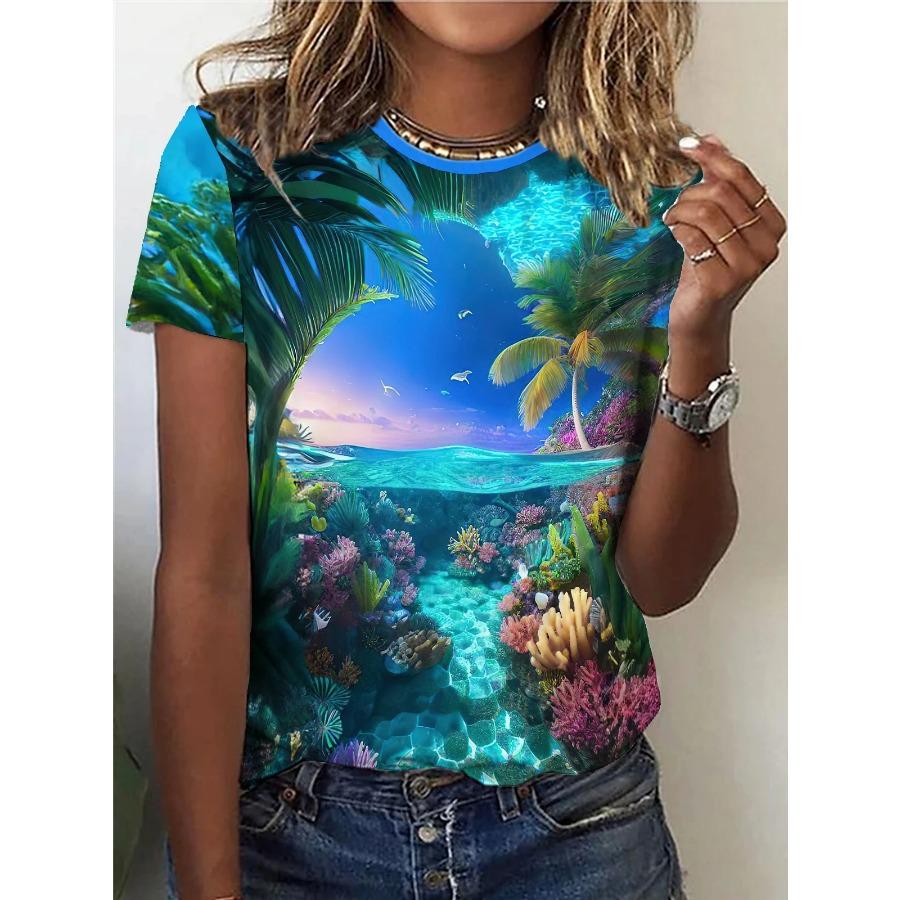 3D printed women's short sleeved casual round neck T-shirt