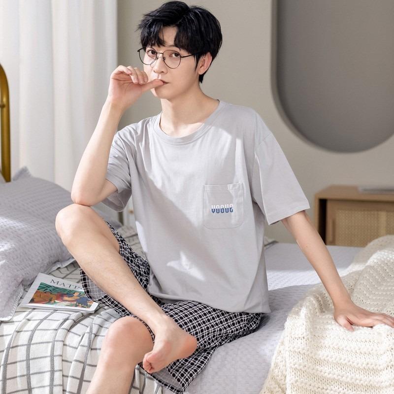 2 Pieces Set Men's Summer Cotton Pajamas Set Short Sleeping Tops Pants Sleepwear Male Casual Nightwear Pijama Pyjama Night Cloth