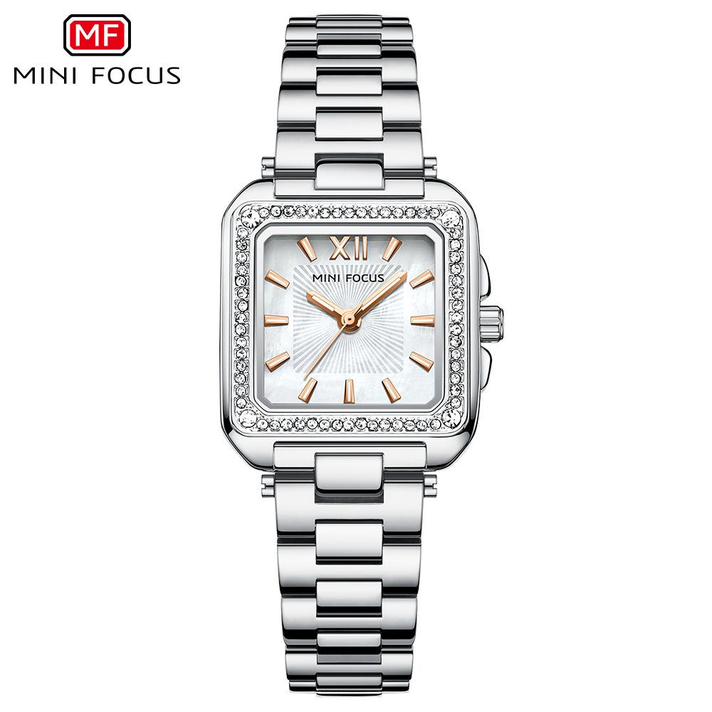 MINIFOCUS Women's Light Luxury Watch with Square Case Mother-of-Pearl Dial Stainless Steel Strap Luminous Hands Relogios