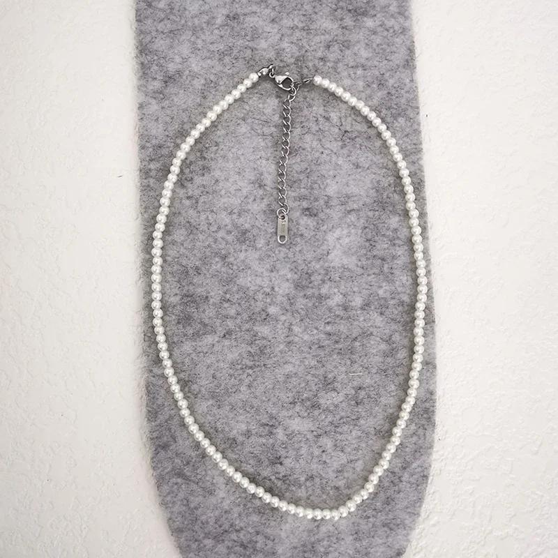 4mm Glass Imitation Pearl Necklace Women Men Base Choker Stainless Steel Clasp Extend 40cm+5cm White Custom