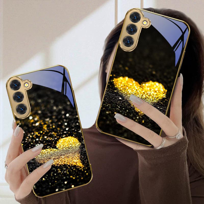 Shining heart shape For Samsung Galaxy S20 FE S21 S22 Ultra S23 Plus S24 Ultra 25Ultra S21+ S9+ 22Plus Golden glass phone case