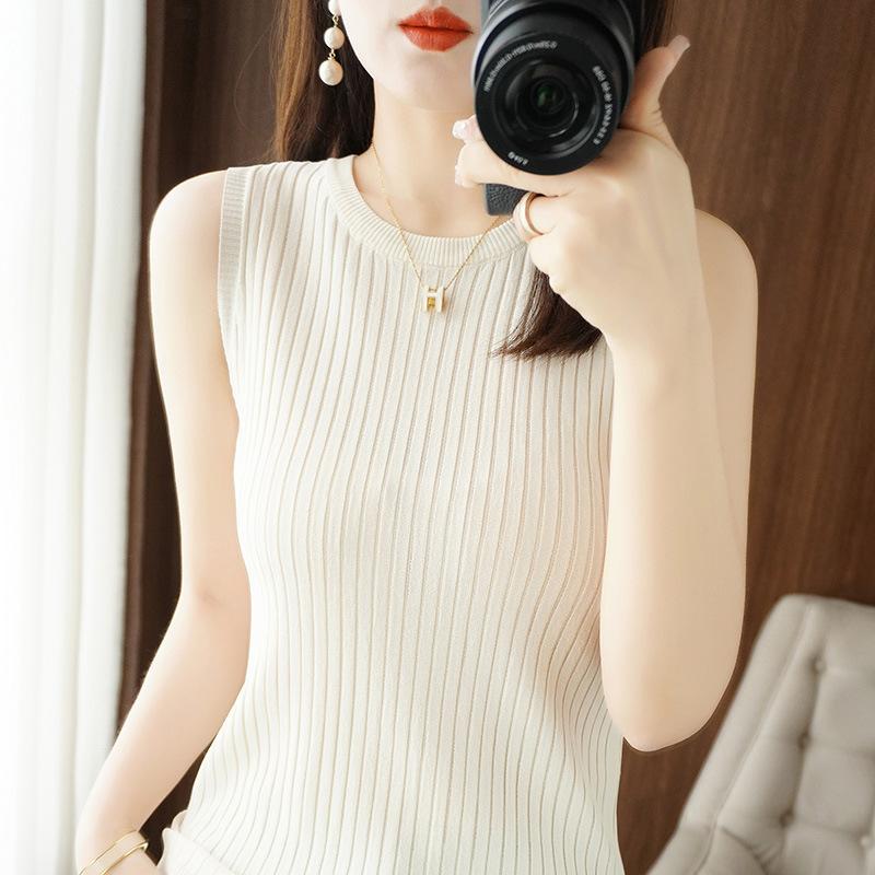 Rundhals Strick-Trägerweste Damen Dünner Pullover Sommer Neu Einfarbig Ärmellos Innenbasis
