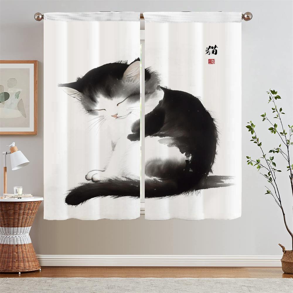 White Curtains for Living Room Ink Cat Painting Curls Kitchen Curtain Tiebacks Short Window Curtains 2 Pcs Set Partition Blinds
