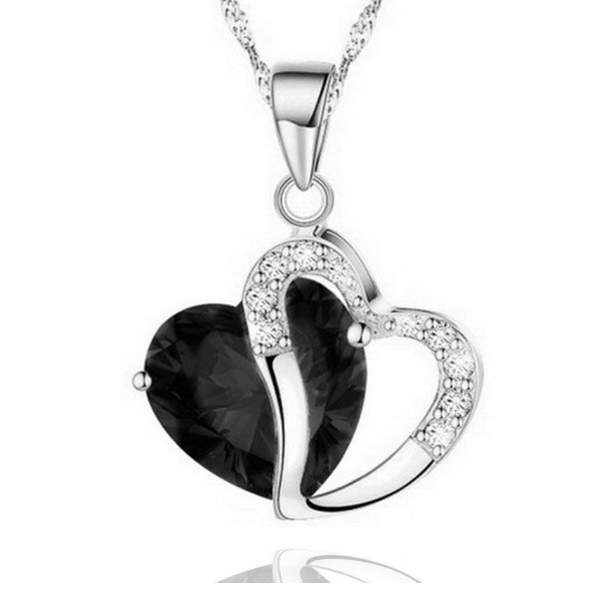 Korean Style Silver Zircon Heart Pendant Necklace with Crystal Clavicle and Sweater Chains