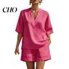 Lightweight Summer Clothing Women 2 Piece Outfit Short Sleeve V Neck Pullover Breathable Top And Shorts Matching Sets Casual Vacation Travel