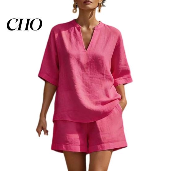 Lightweight Summer Clothing Women 2 Piece Outfit Short Sleeve V Neck Pullover Breathable Top And Shorts Matching Sets Casual Vacation Travel