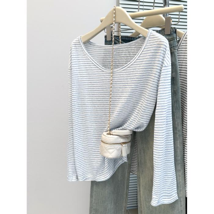 Lyocell Snowflake Yarn Striped, Gentle Lazy Chic Slash Shoulder Striped Long Sleeve T-Shirt Women s Spring and Autumn Off-Shoulder Top S