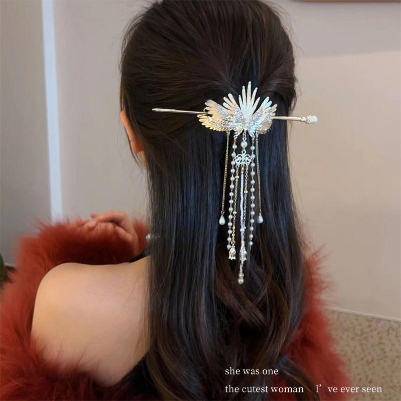 Vintage-Inspired Angel Wings Hair Clip Exquisite Faux Pearl Tassels Rhinestone Embellishments Zinc Alloy Metal Hairpin