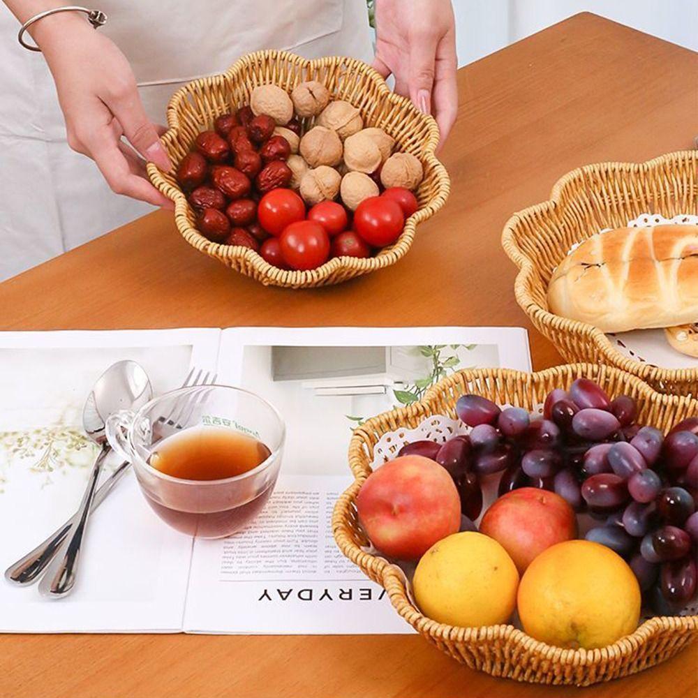 Flower Shape Imitation Rattan Basket Handwoven Woven Bread Plate Fruit  Serving Tray  Dining Table