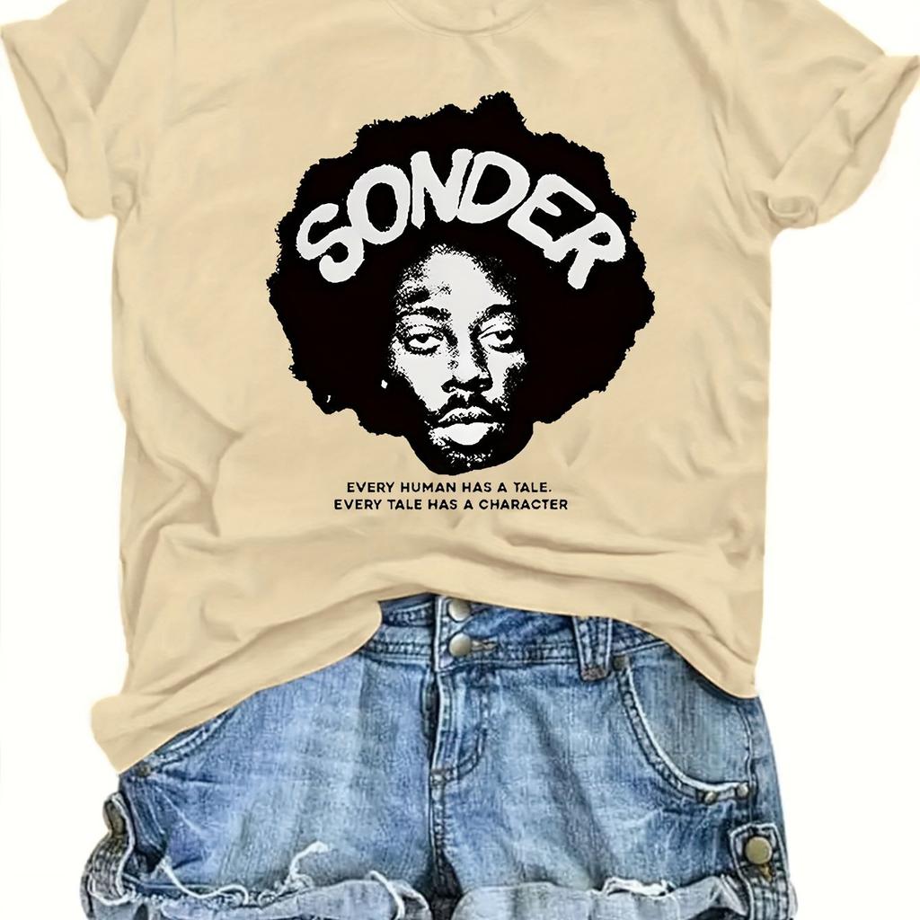 Young Women'S SONDER Art Portrait Printed T-Shirt Uniquely Designed In a Minimalist Style Short-Sleeved for All Seasons