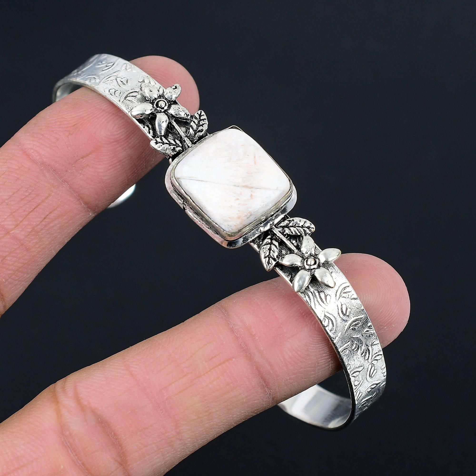 

Распродажа ко Дню дочери Браслет-бенгл с камнем сколецит, юбилейный, с цветком, ювелирное изделие из серебра 925 пробы Adjustable